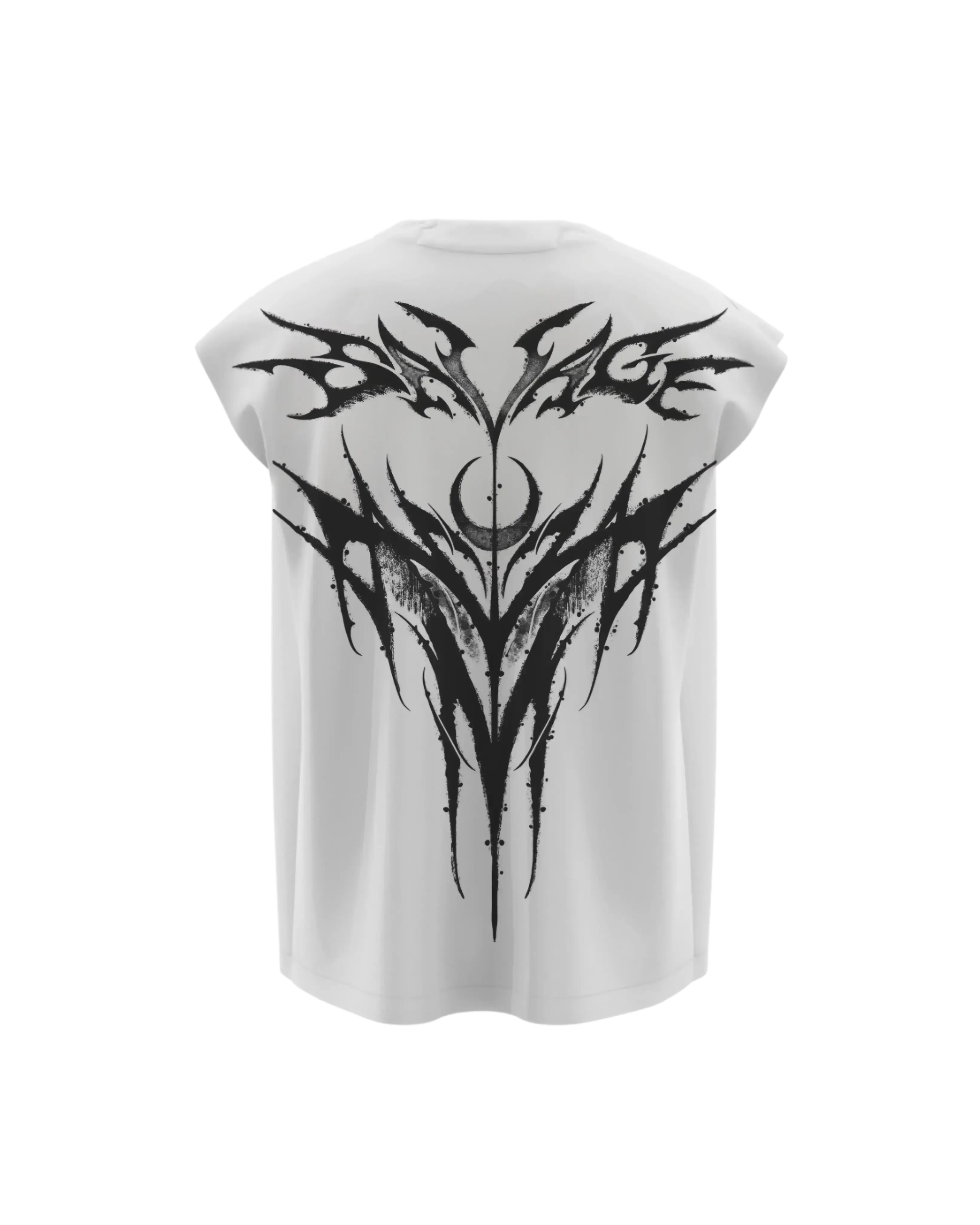 White boxy vest with bold black tribal graphic design on the back, streetwear style
