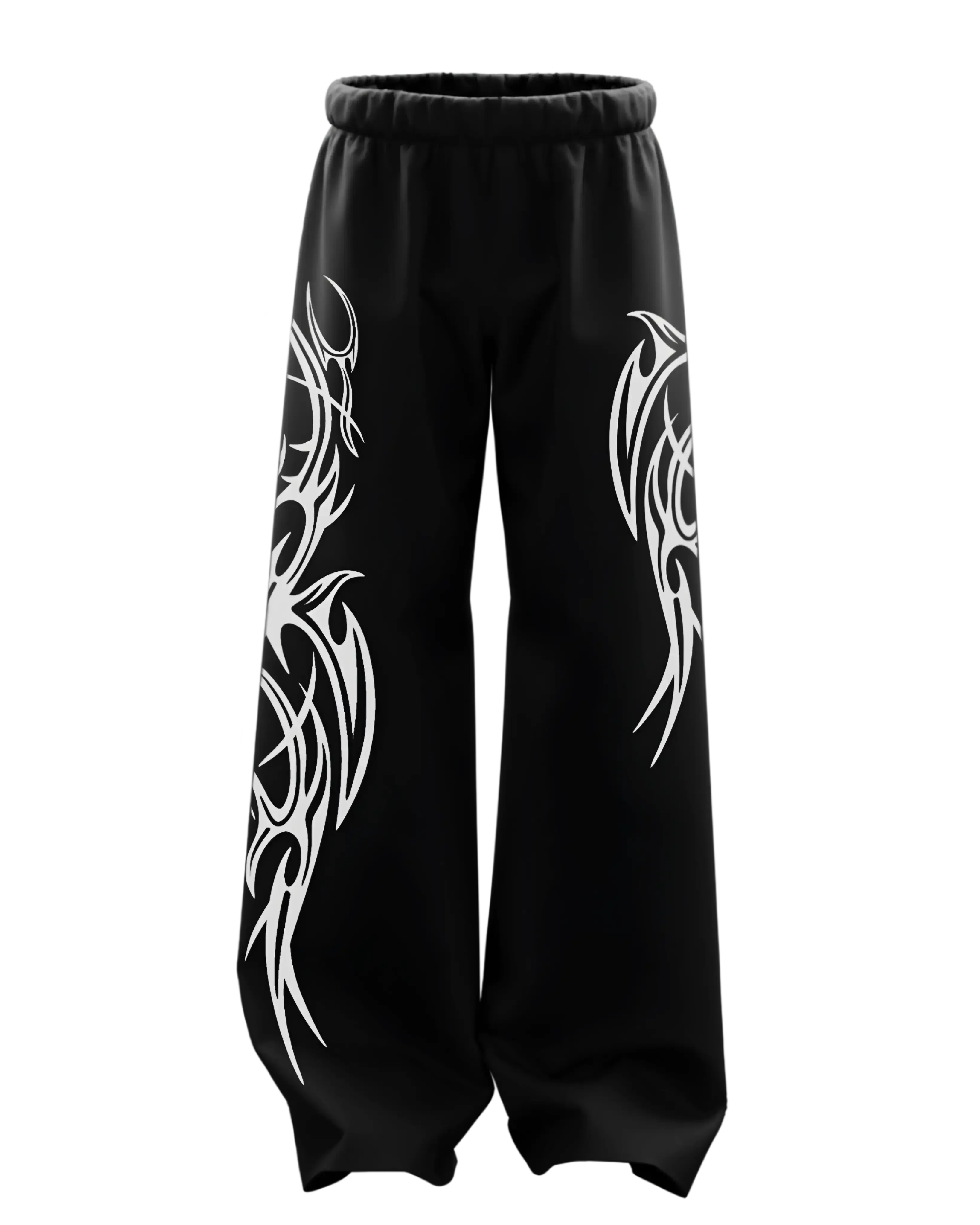 Black baggy streetwear pants with bold white tribal graphic designs on both legs