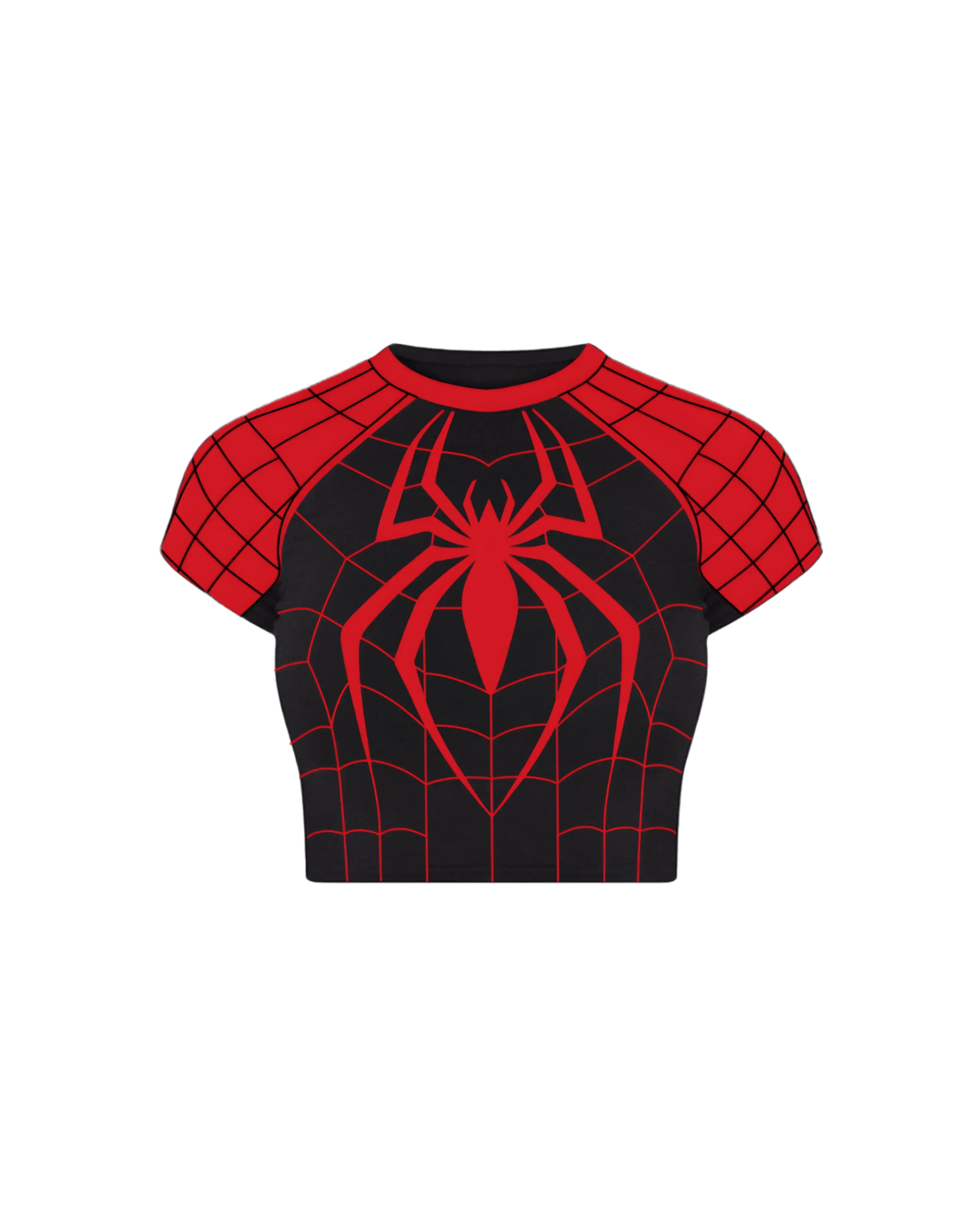 Black and red crop top with spider web and spider graphic, short sleeves, streetwear style