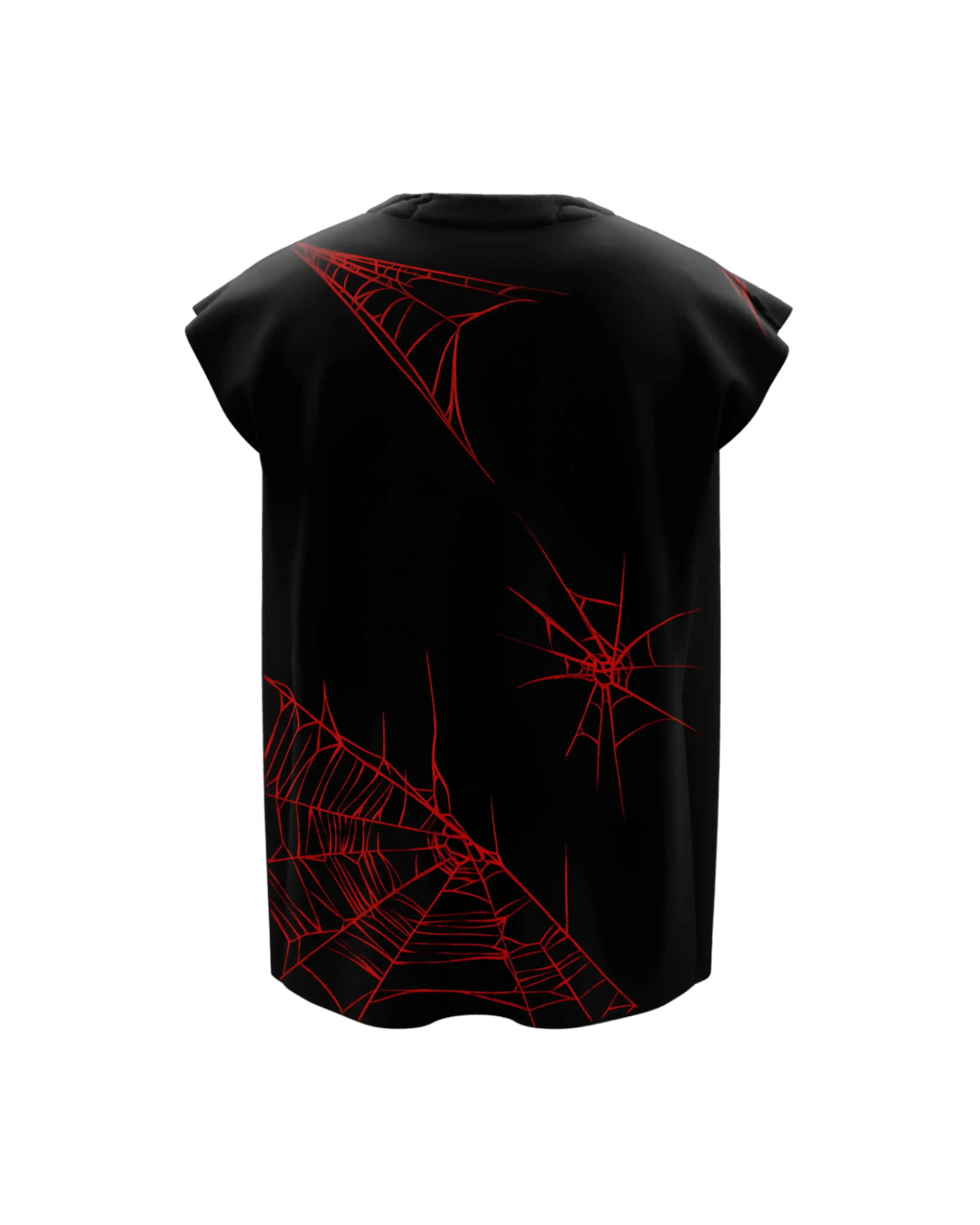 Black boxy streetwear vest with bold red spiderweb graphic design on the back
