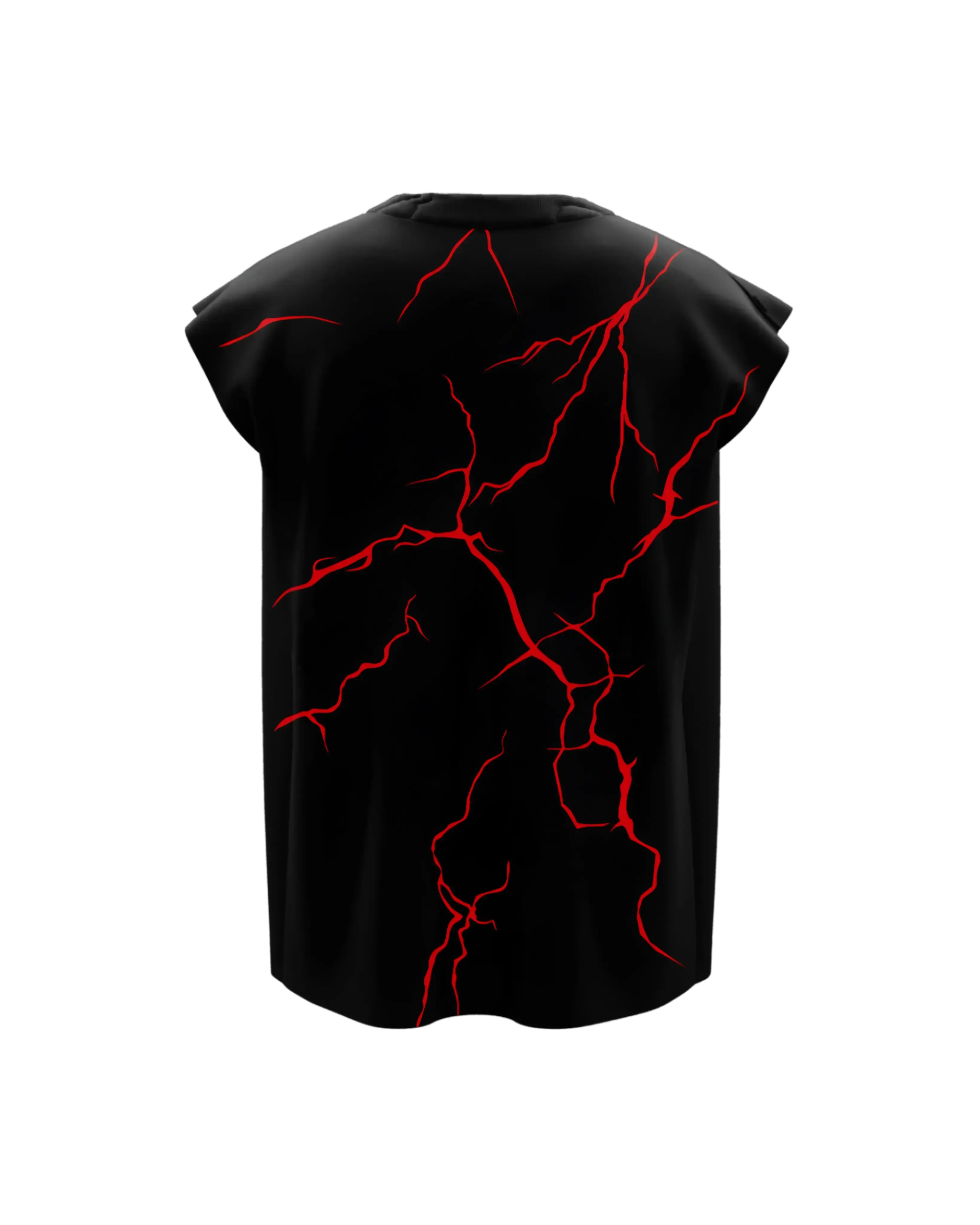 Black oversized streetwear vest with bold red lightning graphic on the back