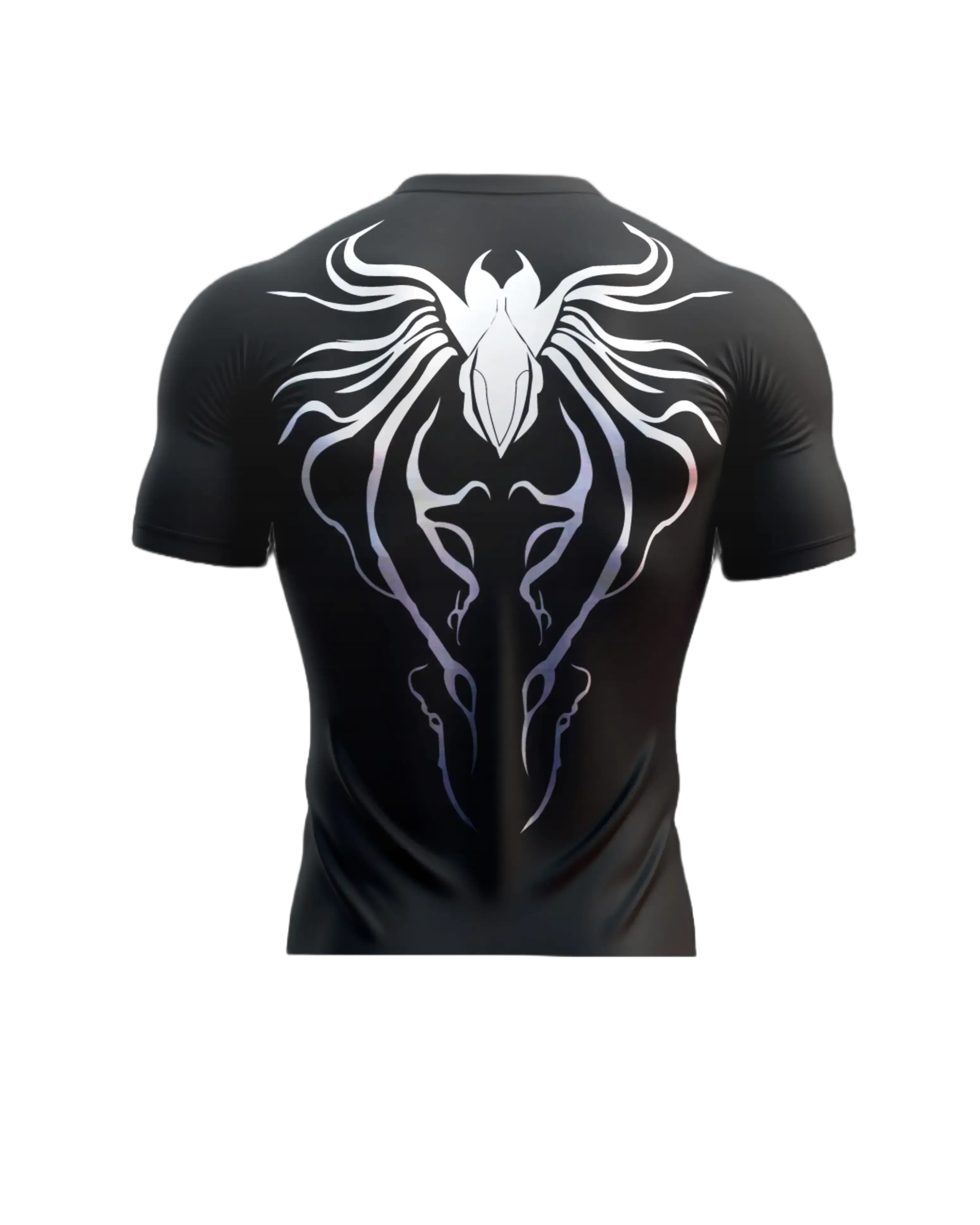 Black short sleeve t-shirt with bold white tribal graphic on the back, streetwear style