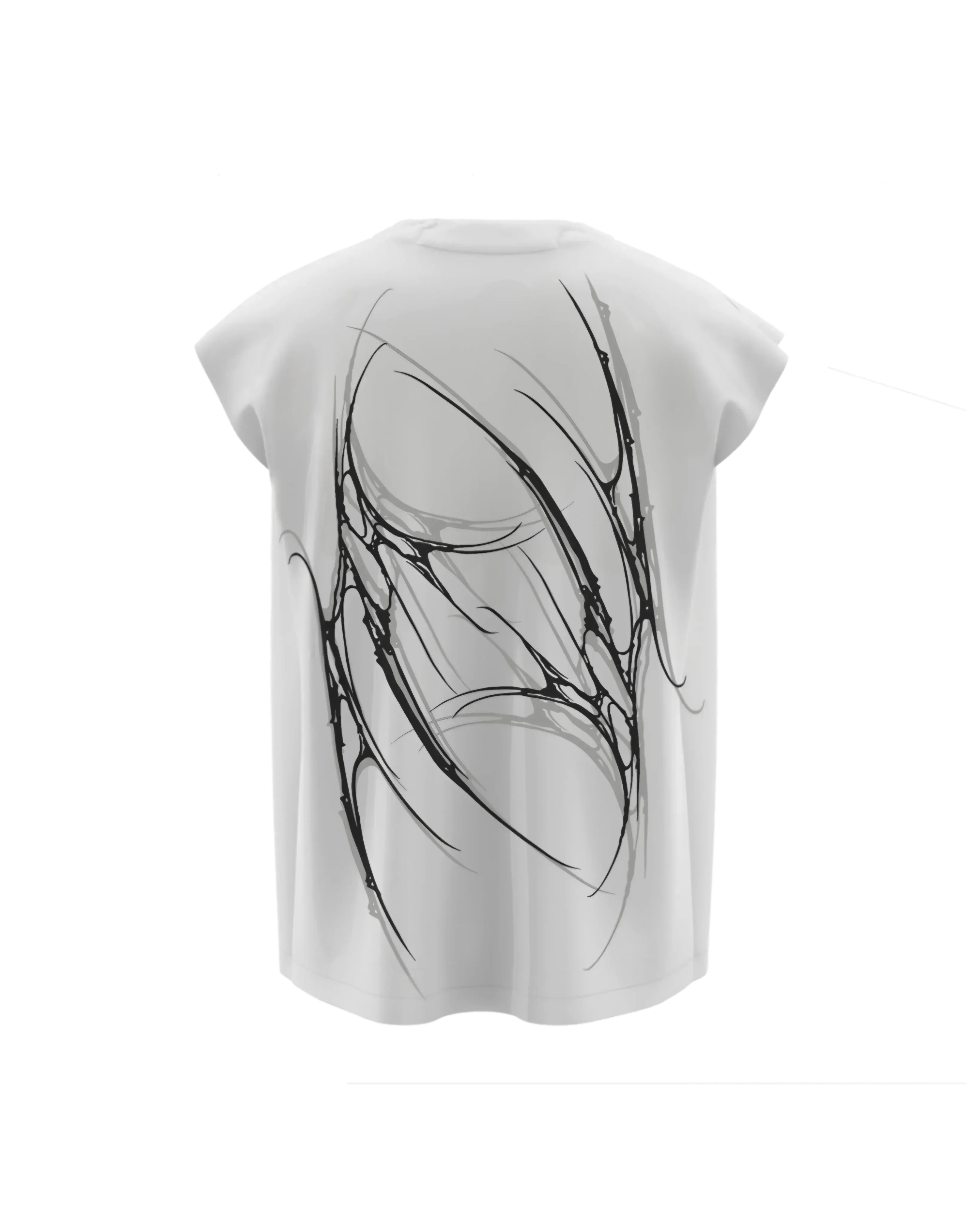 White unisex streetwear t-shirt with abstract black graphic art on the back