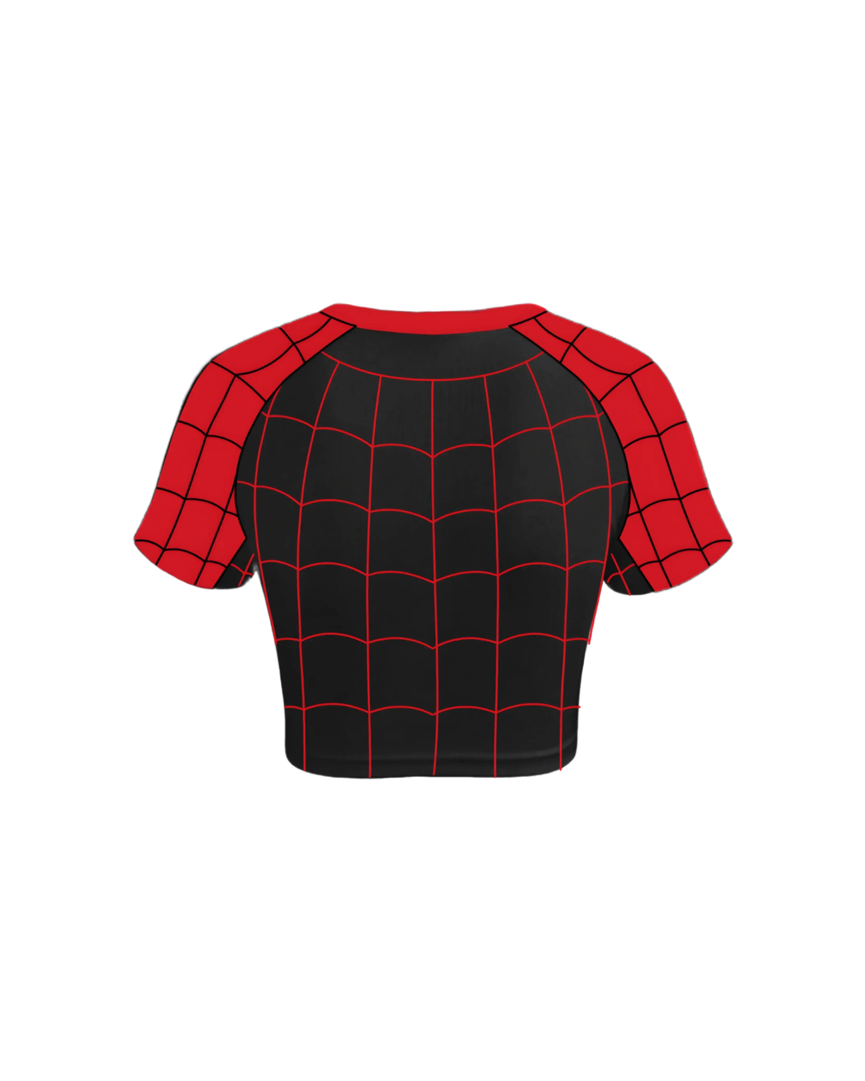 Black and red crop top with web pattern, short sleeves, streetwear style, back view