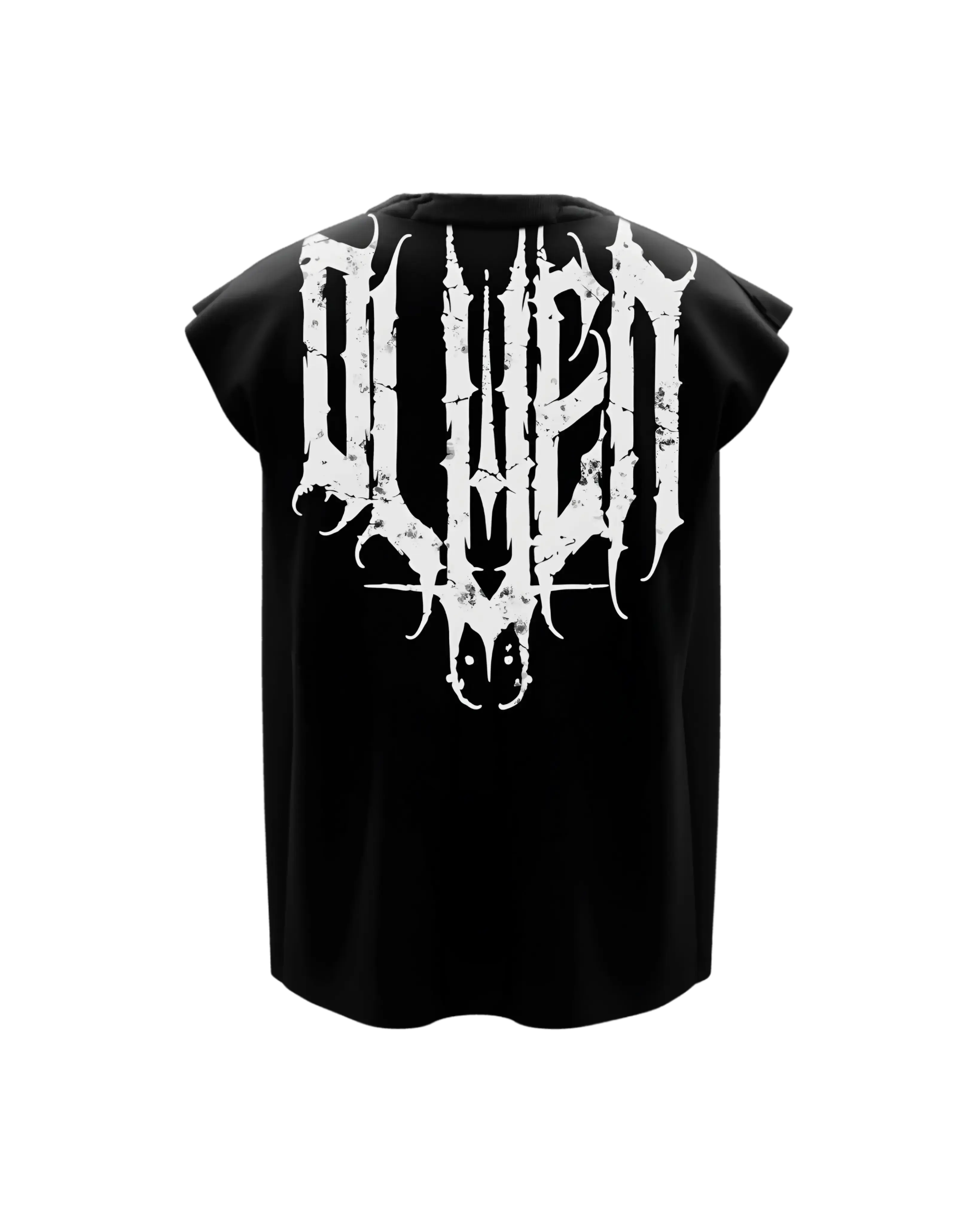 Black oversized sleeveless t-shirt with bold white gothic graphic print on the back
