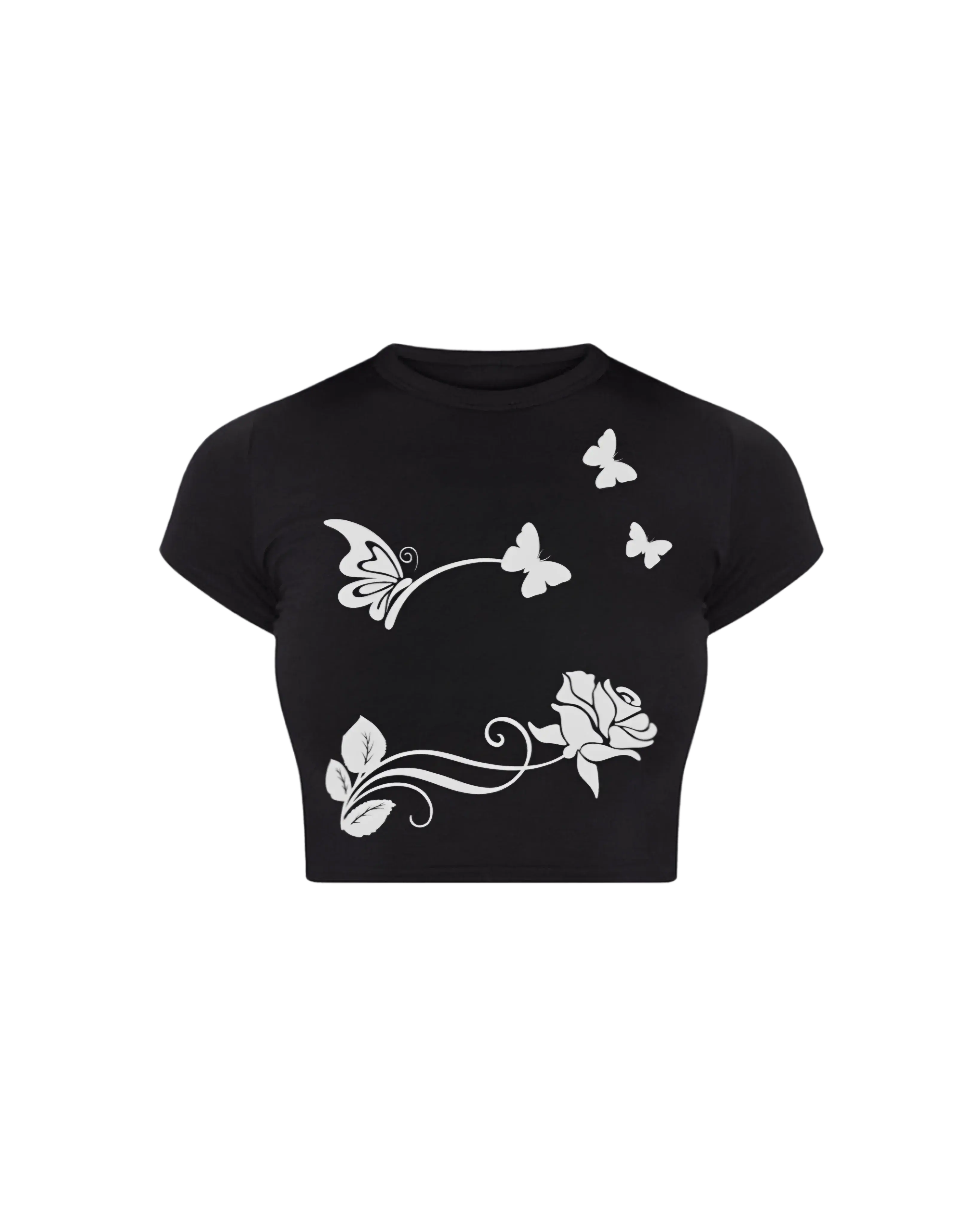 Black cropped baby tee with white rose and butterfly graphic print, streetwear style
