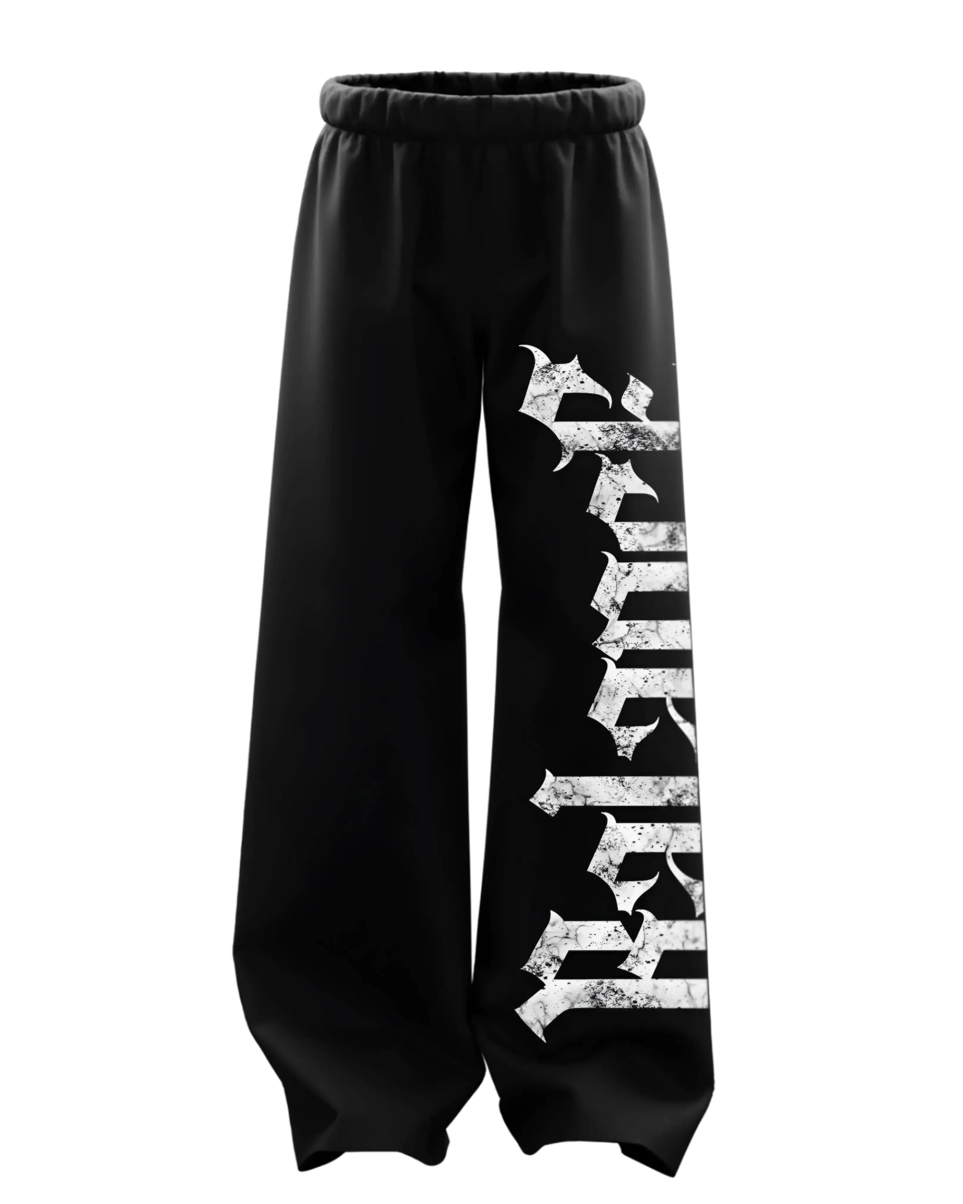 Black baggy streetwear pants with white bold gothic print on leg