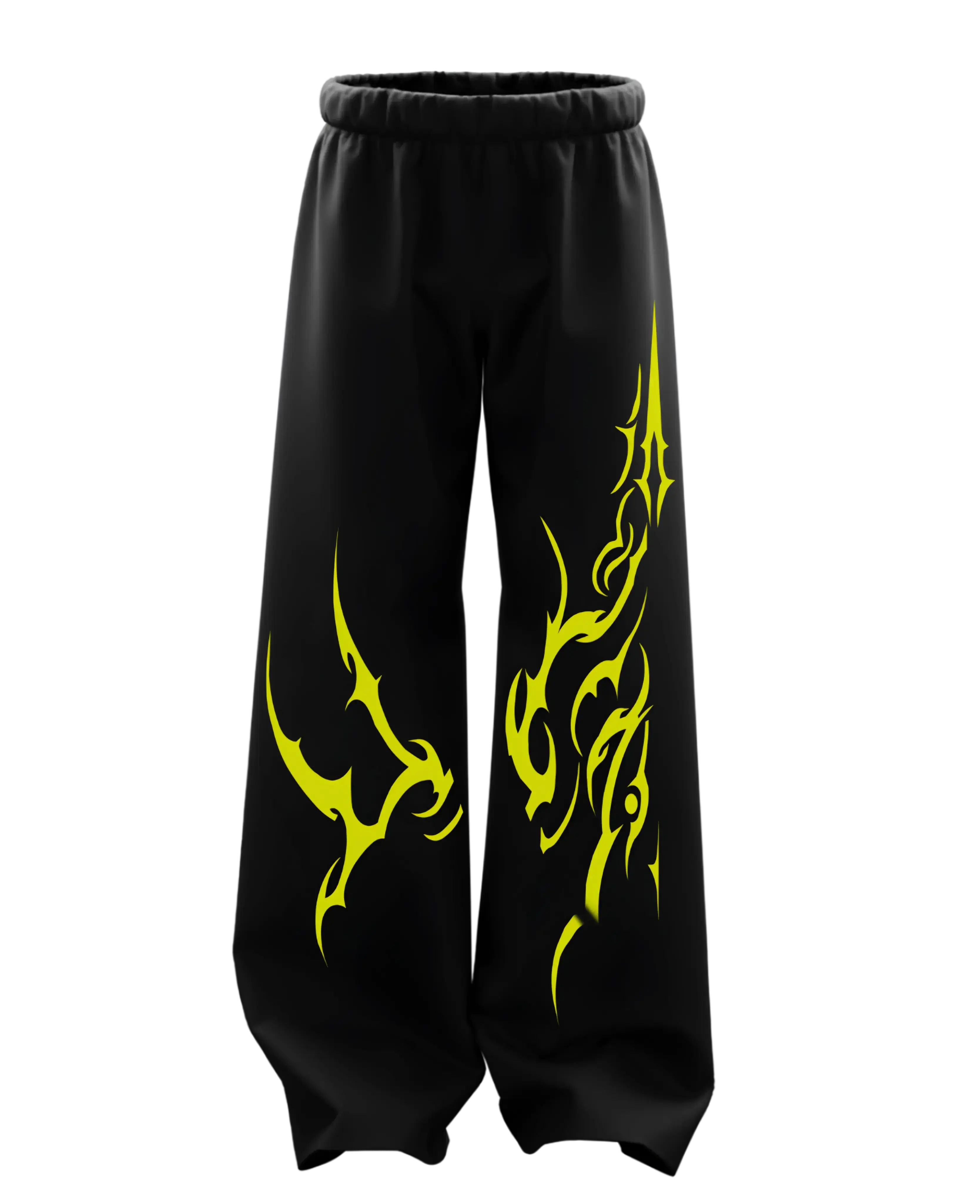 Black baggy pants with bold neon yellow tribal graphic print, elastic waistband, streetwear style