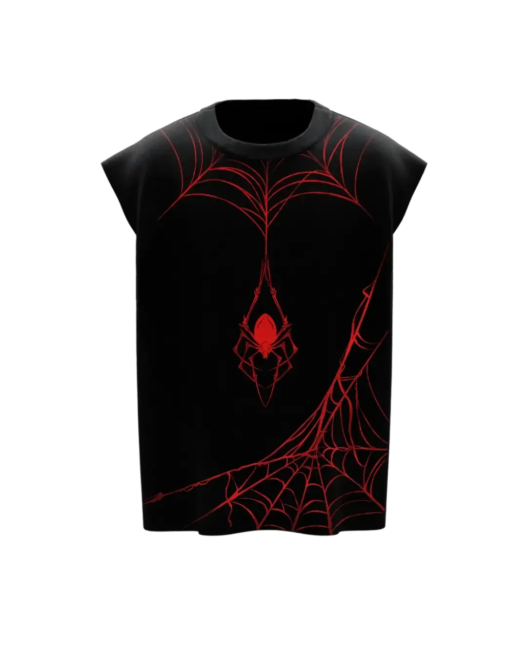 Black streetwear t-shirt with bold red spider and web graphic design