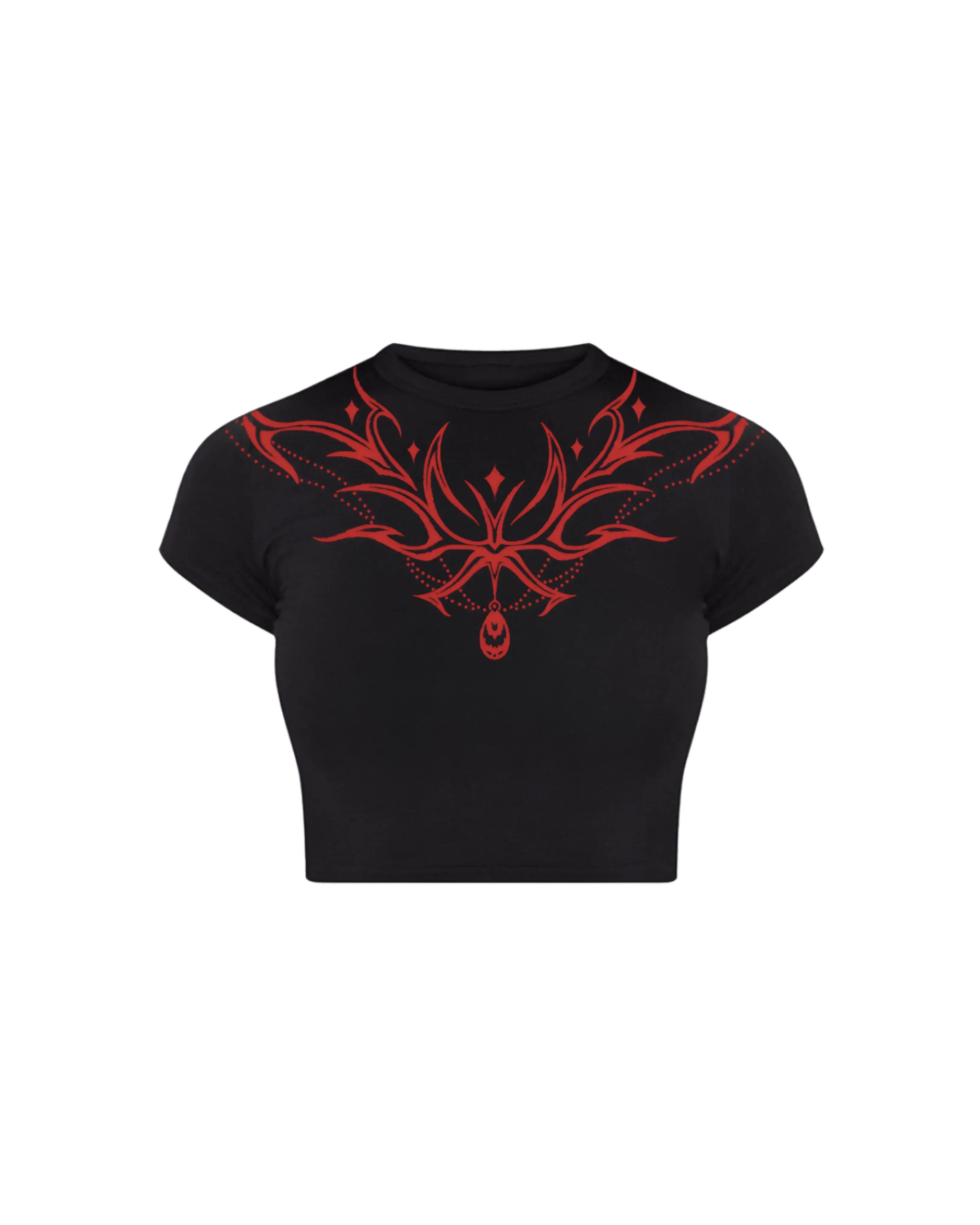 Black cropped baby tee with bold red tribal graphic print on the chest and shoulders