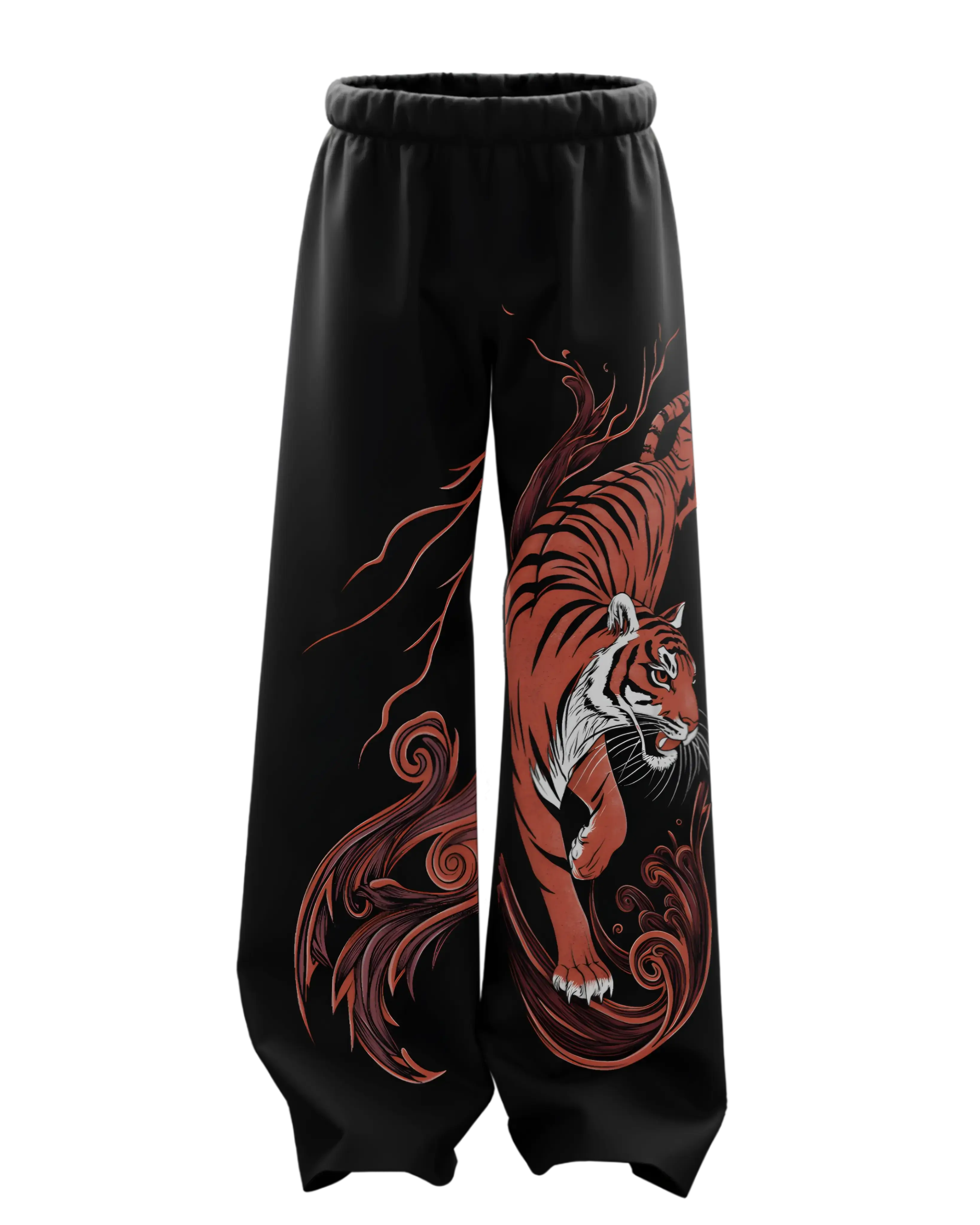 Black baggy pants with bold orange tiger graphic and swirling red patterns, streetwear style