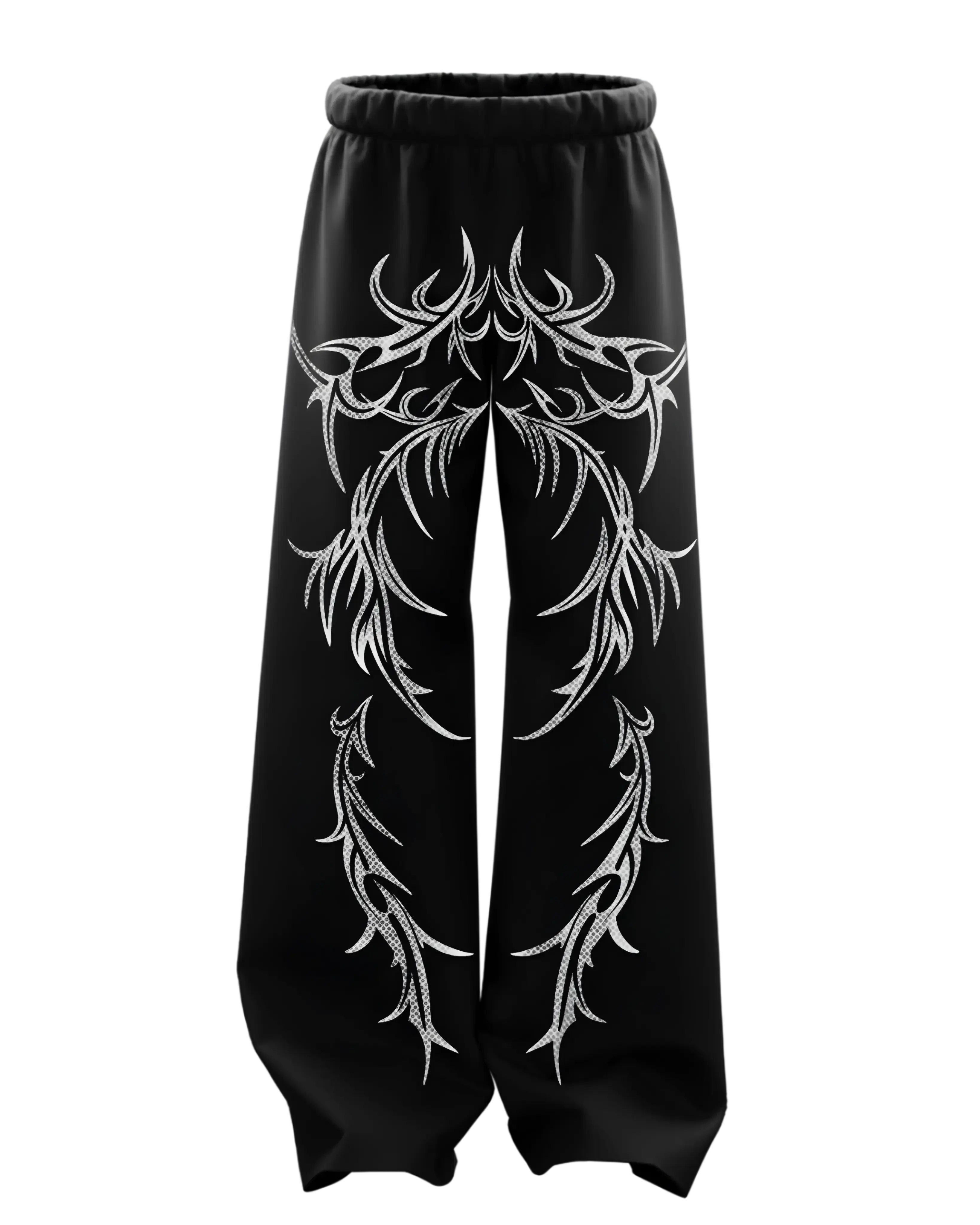Black baggy streetwear pants with bold white tribal graphic design on front