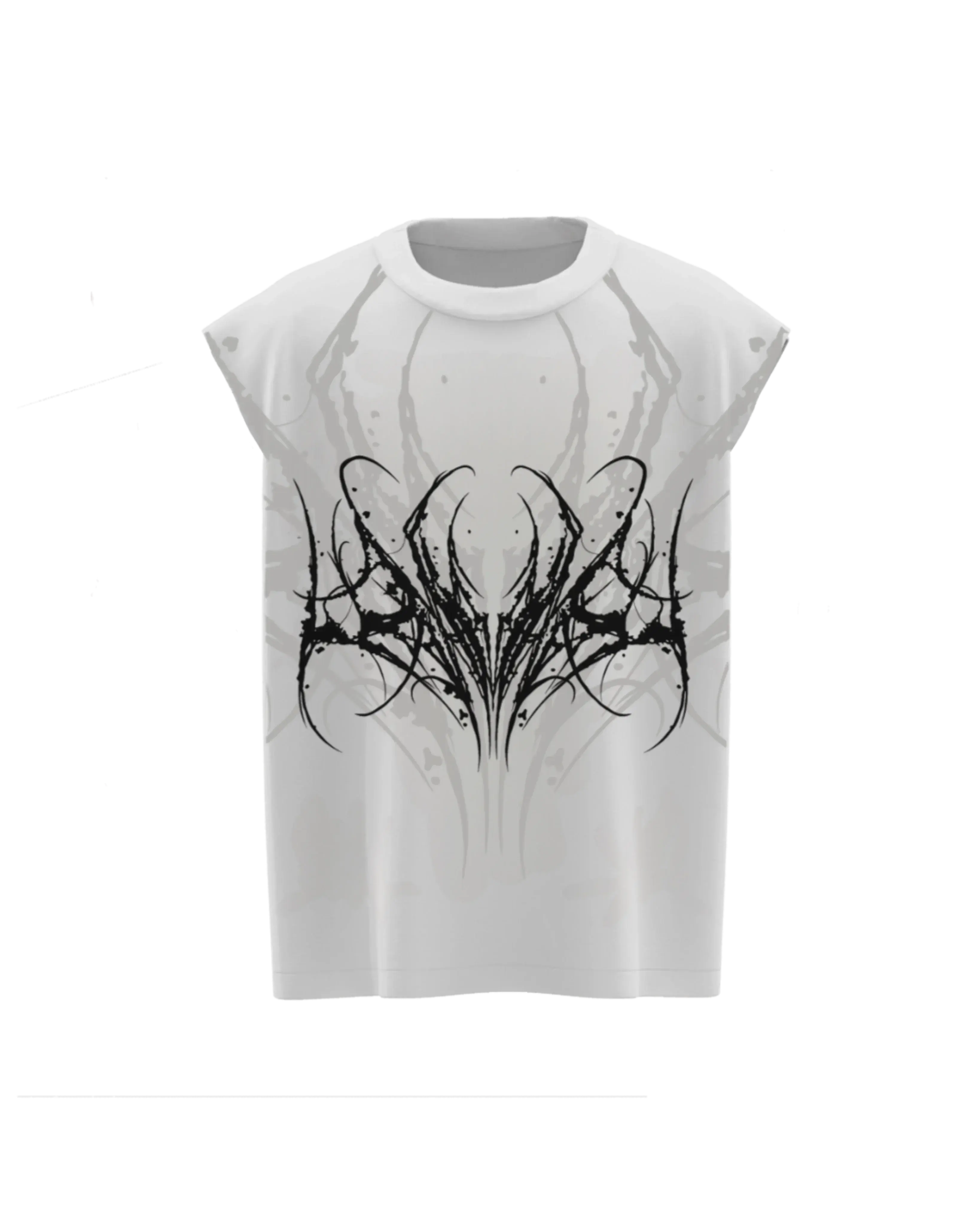 White unisex streetwear vest with bold black tribal graphic print, boxy fit, sleeveless design