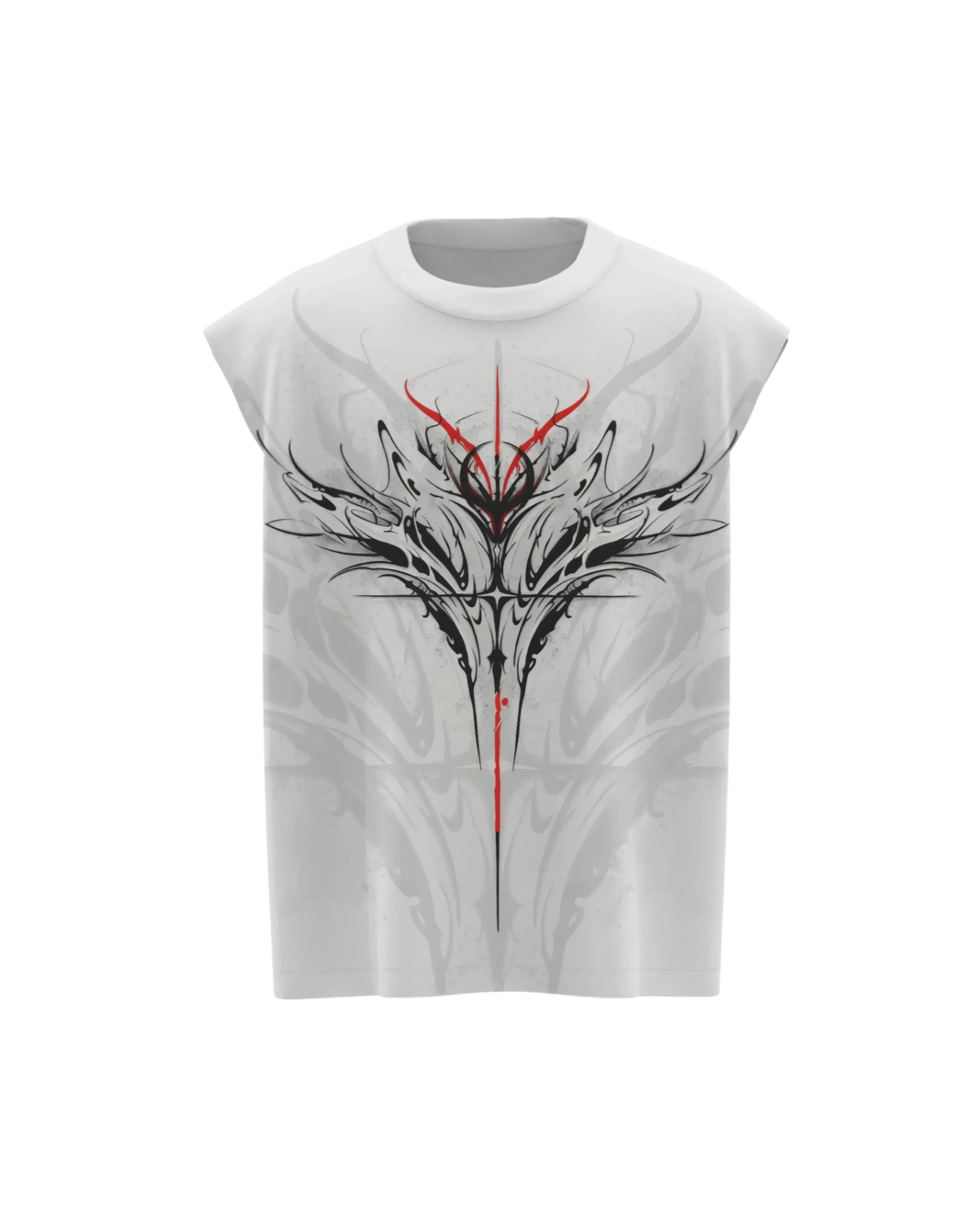 White boxy vest with bold tribal graphic and red accents, streetwear style